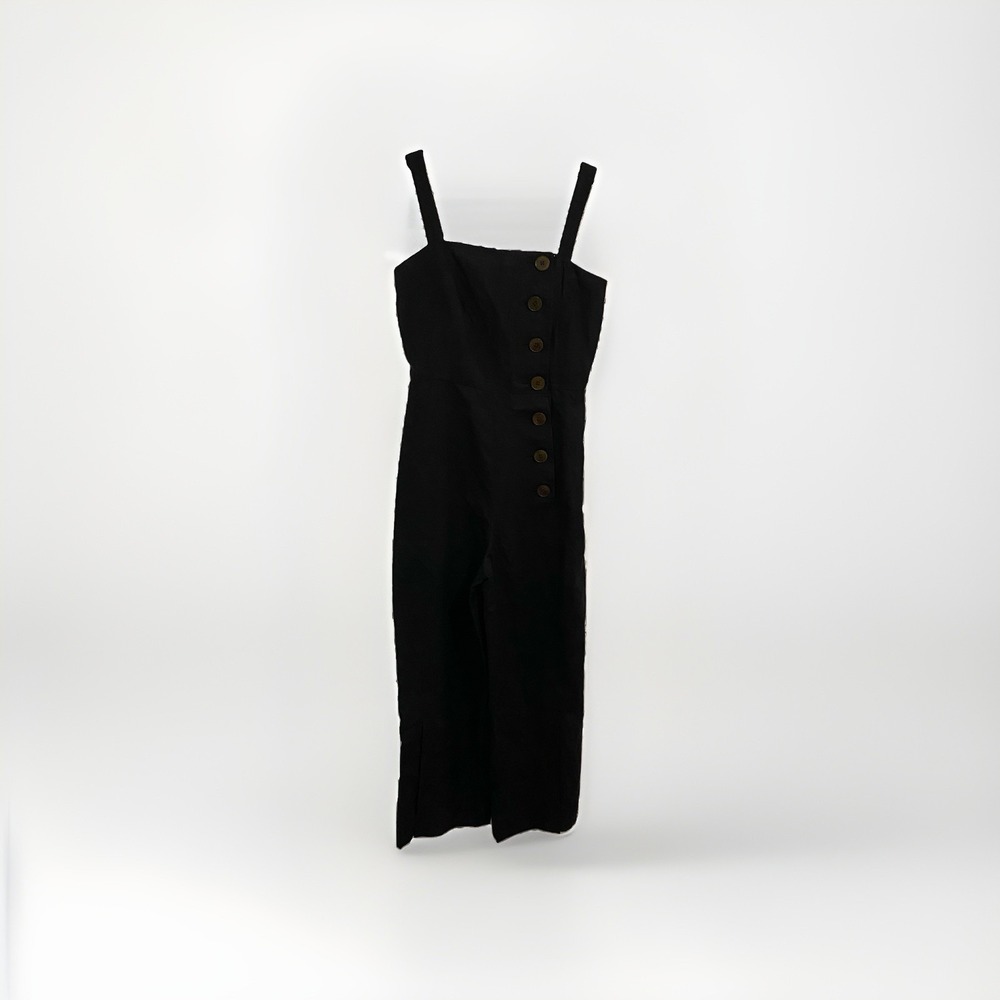 Kate Spade New York Side-Button Linen Blend Jumpsuit Wide Leg Blac Size 0 [1, 2]